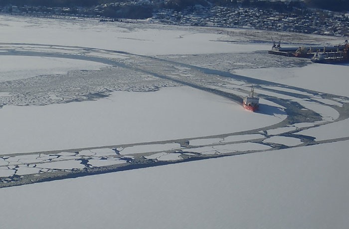 CCGS Pierre Radisson conducting first harbour breakout in Port Alfred, upper Saguenay River