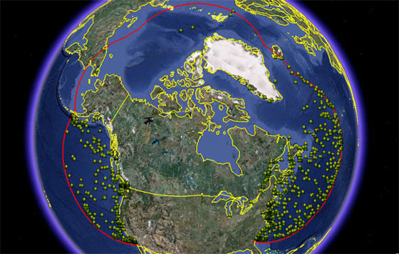 The red line represents the coverage area from the Long Range Identification and Tracking of Ships system. The yellow dots represent ships off of the Canadian coast.