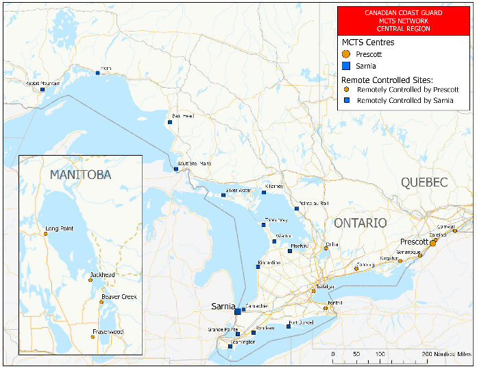 Map of the Central region showing Ontario et Manitoba.