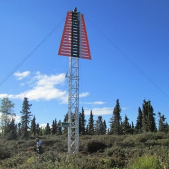 Unlit range tower in the Mackenzie River, a short distance from Great Slave Lake, Northwest Territories.