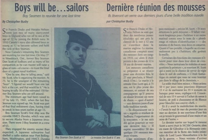 Old newspaper article featuring Don Scott. Don is pictured in his sailing uniform.