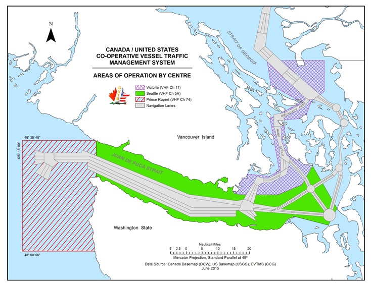 Figure 3-2 Canada/United States Co-operative Vessel Traffic Management System - Areas of operation by centre described below