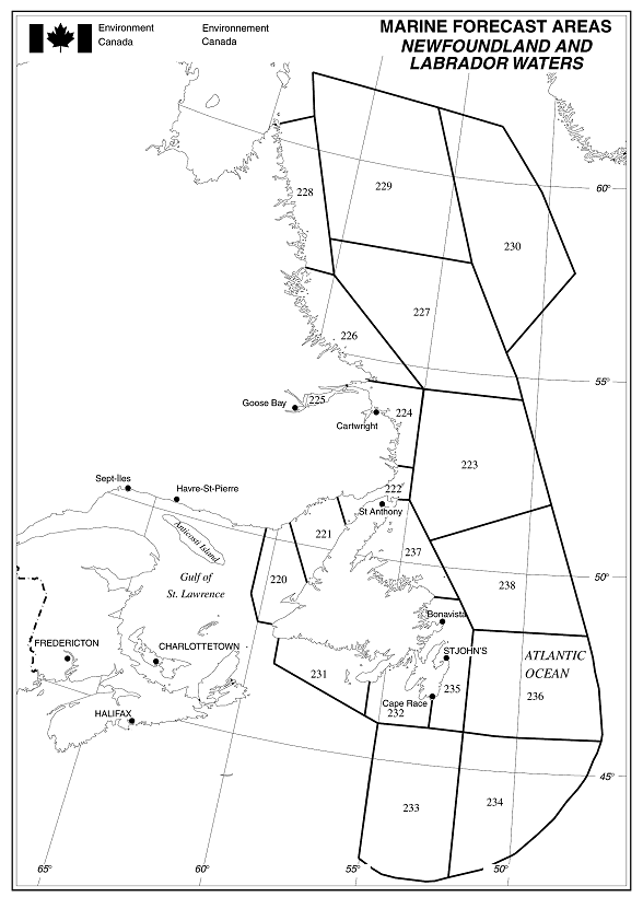 Figure 5-4 - Marine Forecast Areas Newfoundland and Labrador Waters described below
