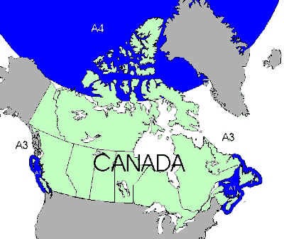 Map of Canada showing sea areas A1 and A4 in blue and sea area A3 in white.
