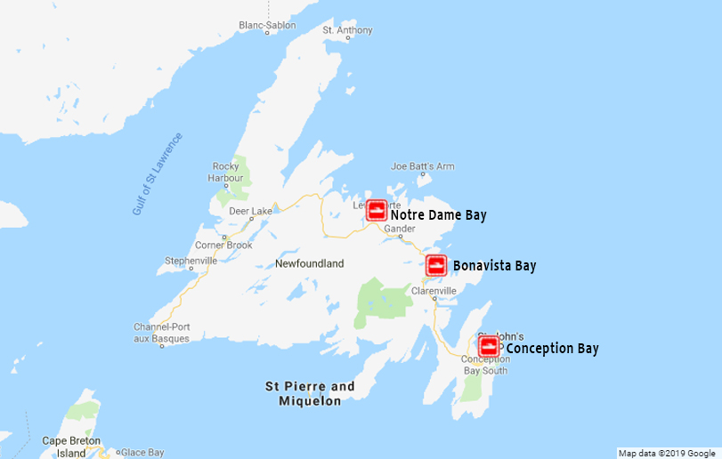 Map showing stations in the Newfoundland and Labrador sector